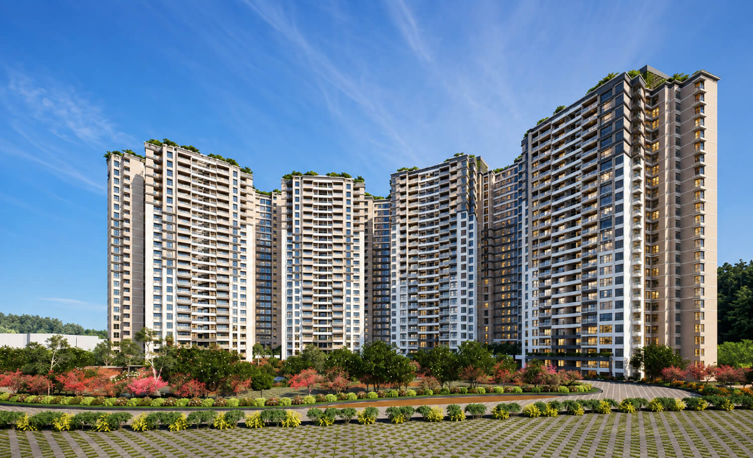 Prestige Battersea landscaped park and residential towers, Hennur Road, North Bengaluru